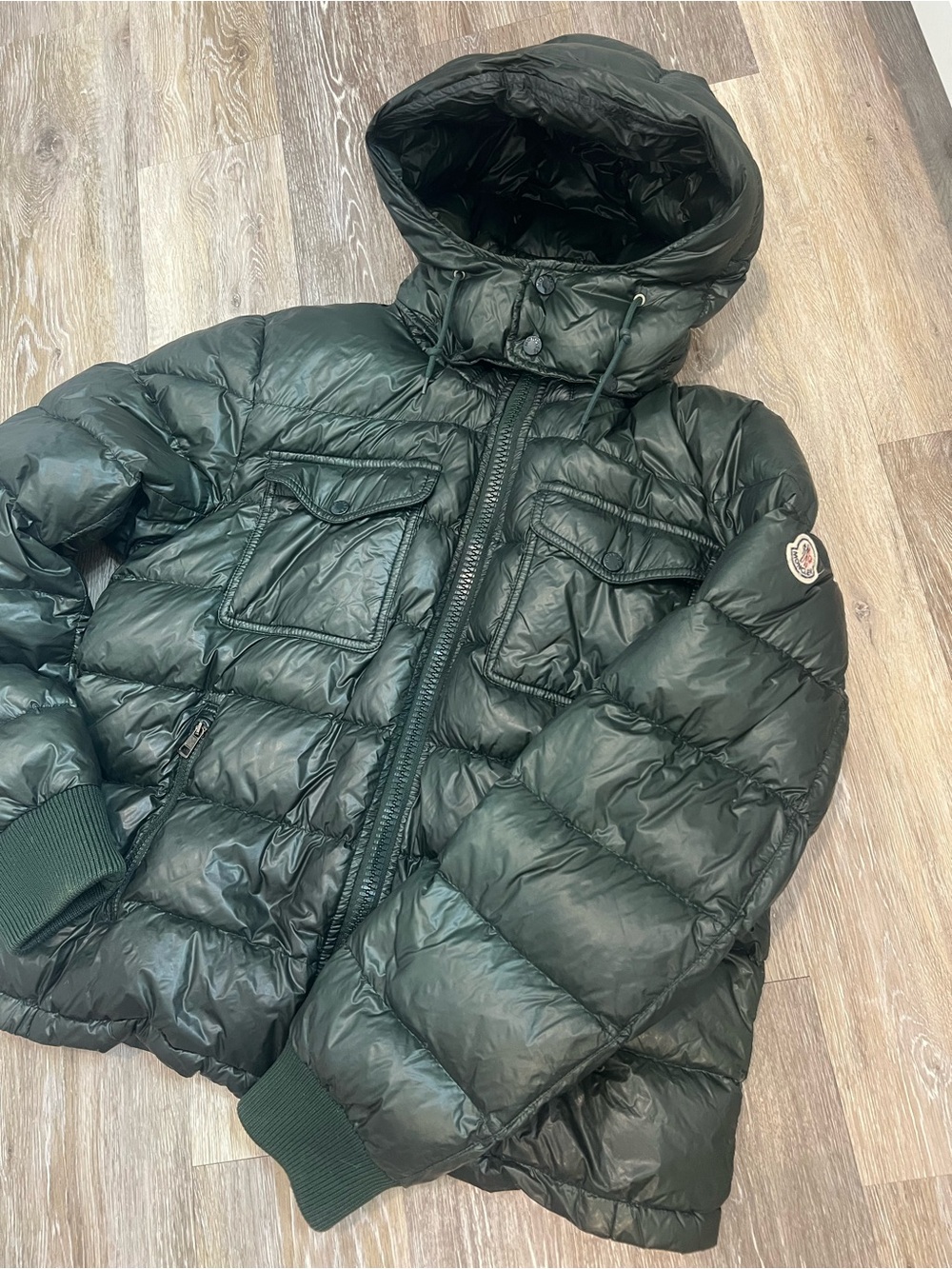 MONCLER MENS PUFFER JACKET  Dark Green Quilted Hooded Puffer